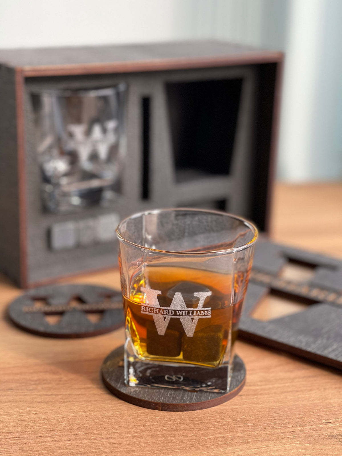 Personalized Gift for Him, Gift for Father, Big Whishey Glasses with Whiskey Stones in a Wooden Box, Best Father Gift, Whiskey Glass Set