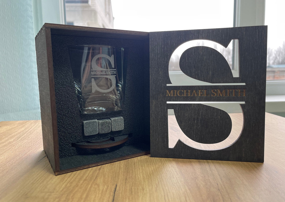 Personalized Gift for Him, Gift for Father, Big Whishey Glasses with Whiskey Stones in a Wooden Box, Best Father Gift, Whiskey Glass Set
