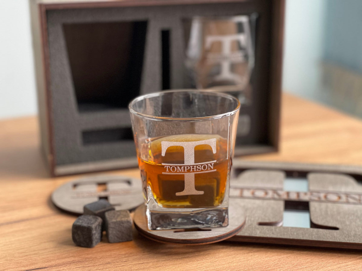 Father's Gift, Personalized Gift for Him, Bourbon Glass Set, Whiskey Glasses with Whiskey Stones, Bourbon Glasses, Engraved Whiskey Glasses