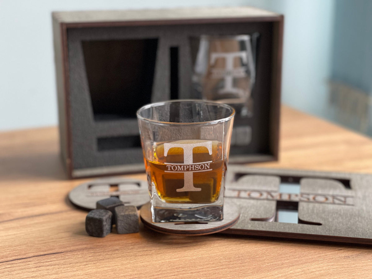 Father's Gift, Personalized Gift for Him, Bourbon Glass Set, Whiskey Glasses with Whiskey Stones, Bourbon Glasses, Engraved Whiskey Glasses