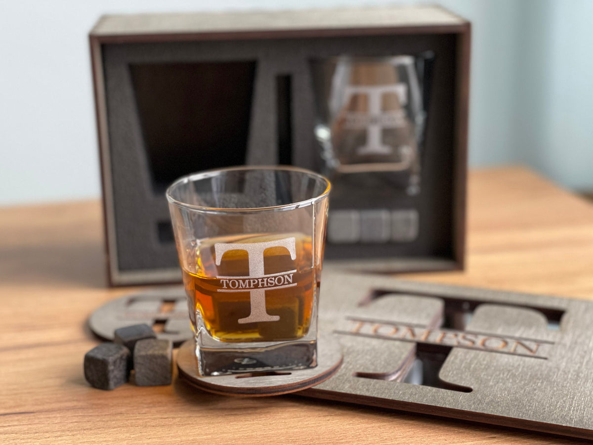 Father's Gift, Personalized Gift for Him, Bourbon Glass Set, Whiskey Glasses with Whiskey Stones, Bourbon Glasses, Engraved Whiskey Glasses