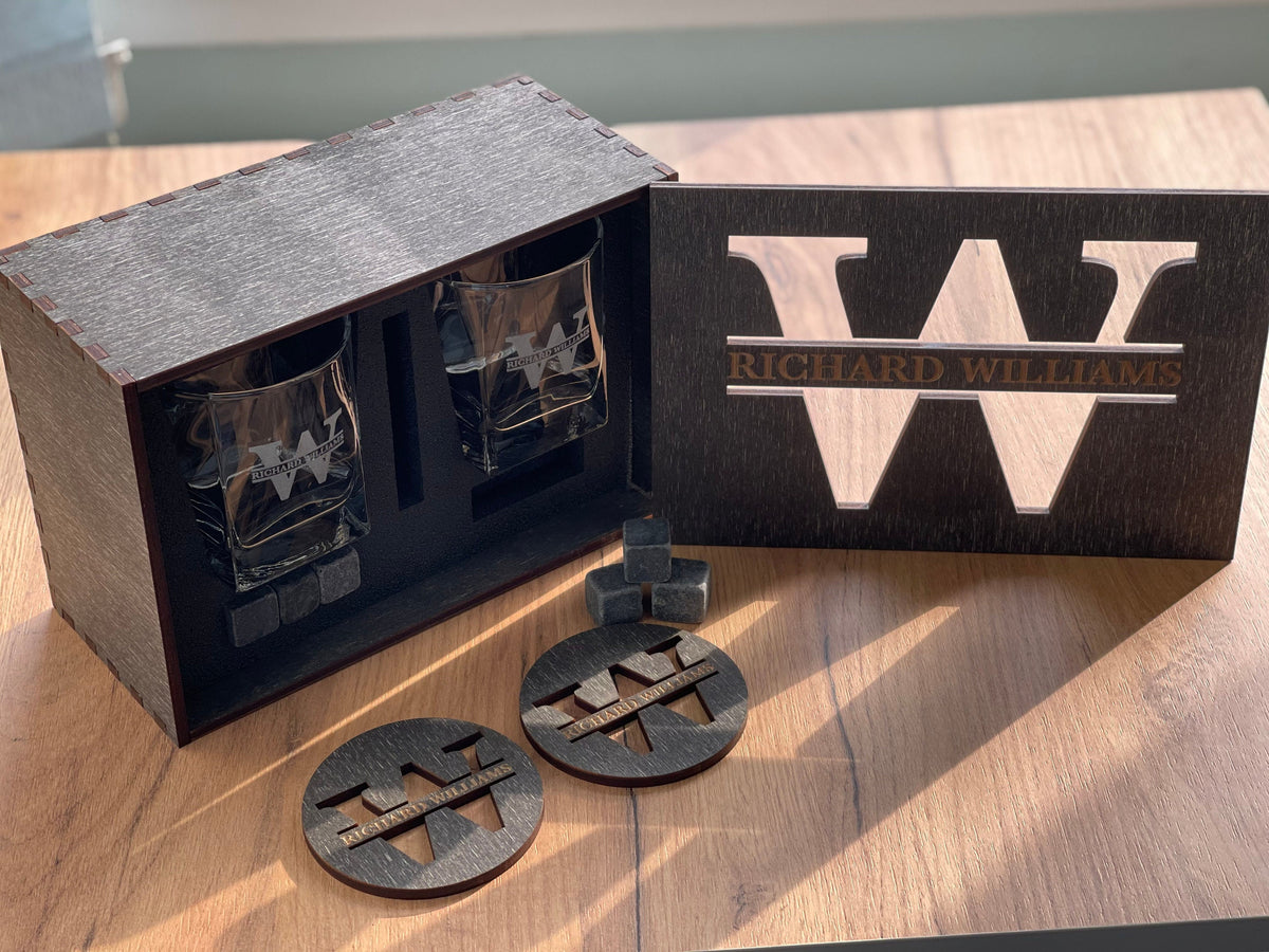 Personalized Gift for Him, Gift for Father, Big Whishey Glasses with Whiskey Stones in a Wooden Box, Best Father Gift, Whiskey Glass Set