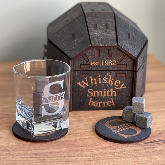 Whiskey Glasses Barrel, Whiskey Barrel, Personalized Barrel for Whiskey with Whiskey Stones, Christmas Gift, Fathers Gift, Gift for Him, Set
