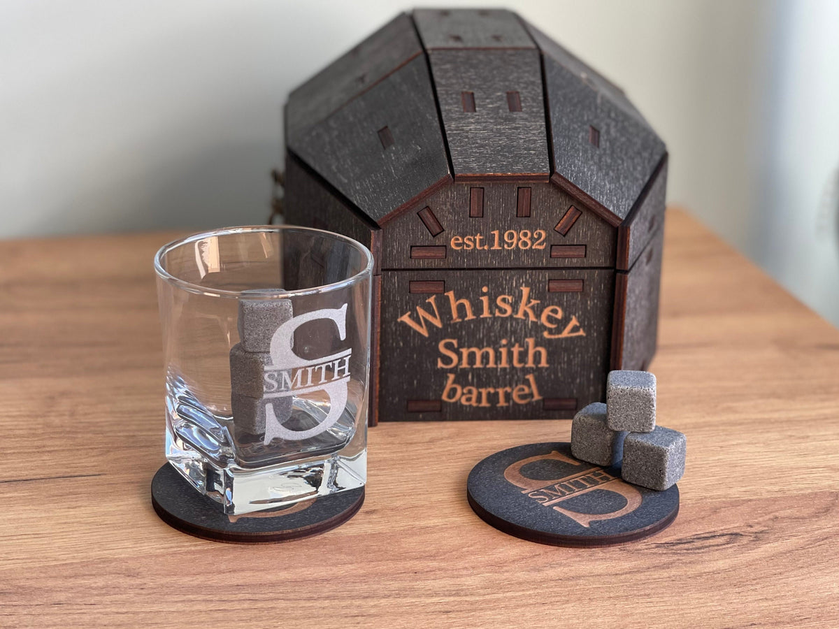 Whiskey Glasses Barrel, Whiskey Barrel, Personalized Barrel for Whiskey with Whiskey Stones, Christmas Gift, Fathers Gift, Gift for Him, Set