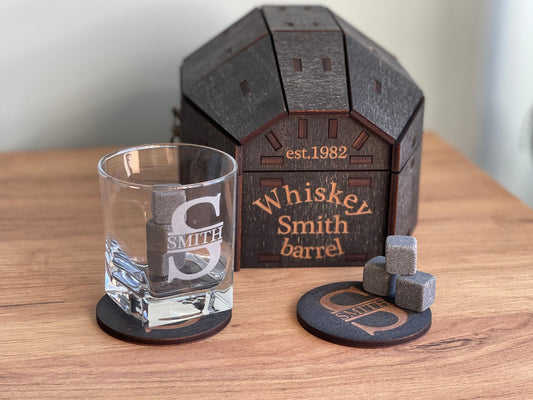Whiskey Glasses Barrel, Whiskey Barrel, Personalized Barrel for Whiskey with Whiskey Stones, Christmas Gift, Fathers Gift, Gift for Him, Set