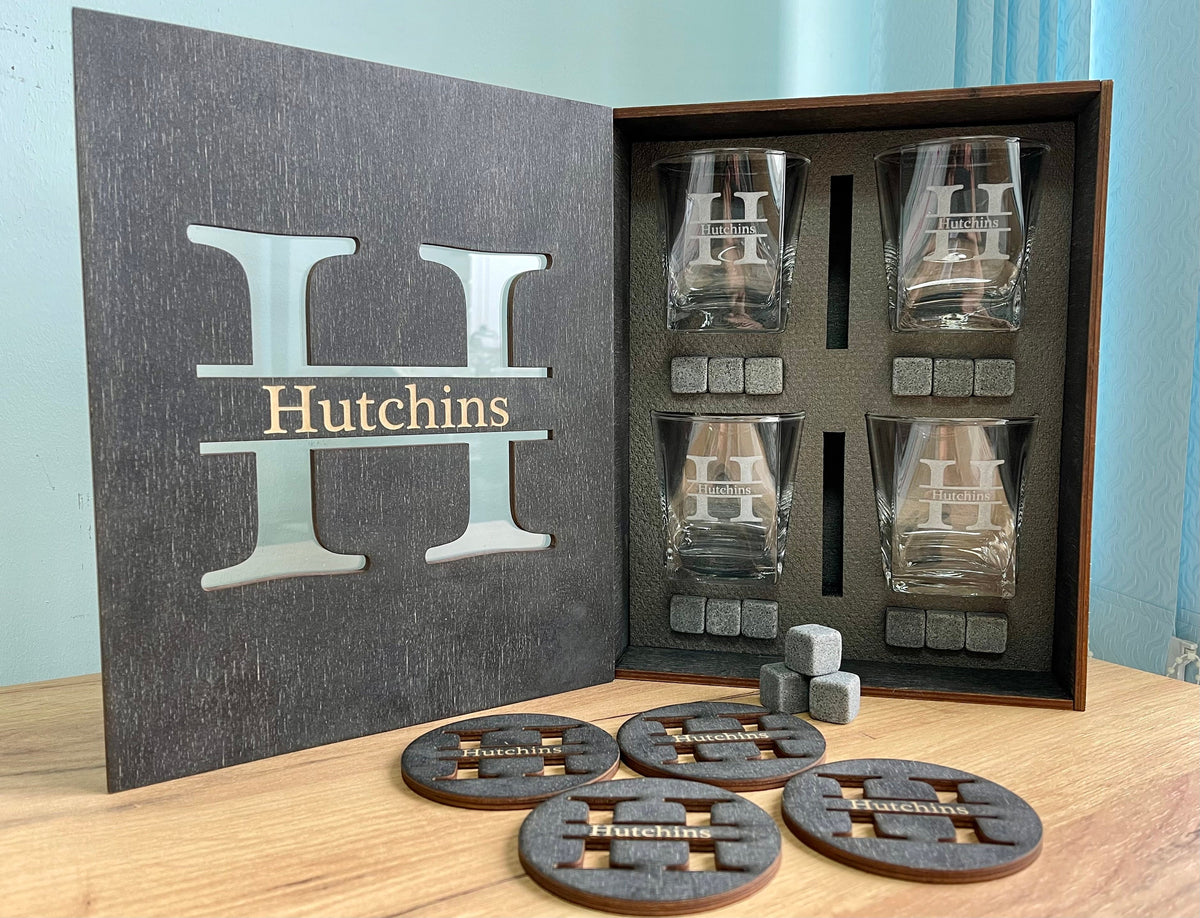 Personalized Gift for Him, Gift for Father, Big Whishey Glasses with Whiskey Stones in a Wooden Box, Best Father Gift, Whiskey Glass Set