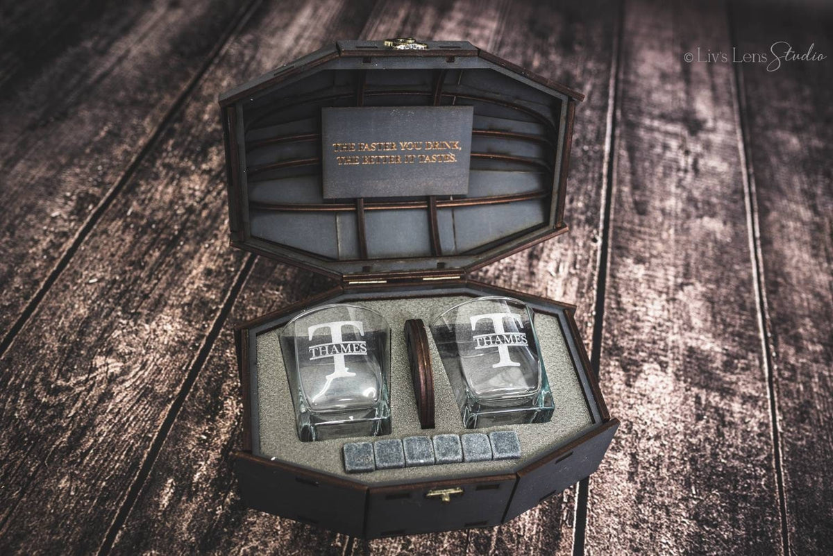Personalized Whiskey Glass Set, Barrel Gift Box, Engraved Whiskey Glasses, Custom Father's Day Gift, Birthday Gift for Him