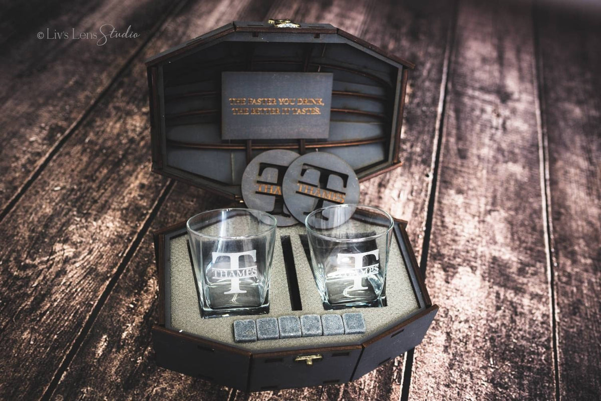 Personalized Whiskey Glass Set, Barrel Gift Box, Engraved Whiskey Glasses, Custom Father's Day Gift, Birthday Gift for Him