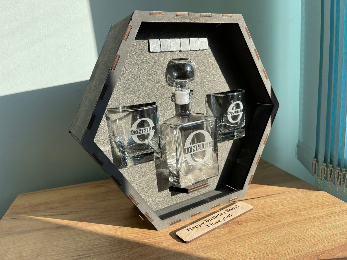 Father's Gift, Gift for Him, Whiskey Decanter Set, Whiskey Stones, Whiskey Glasses, Best Man Gift, Personalized Decanter Set, Bourbon Glass