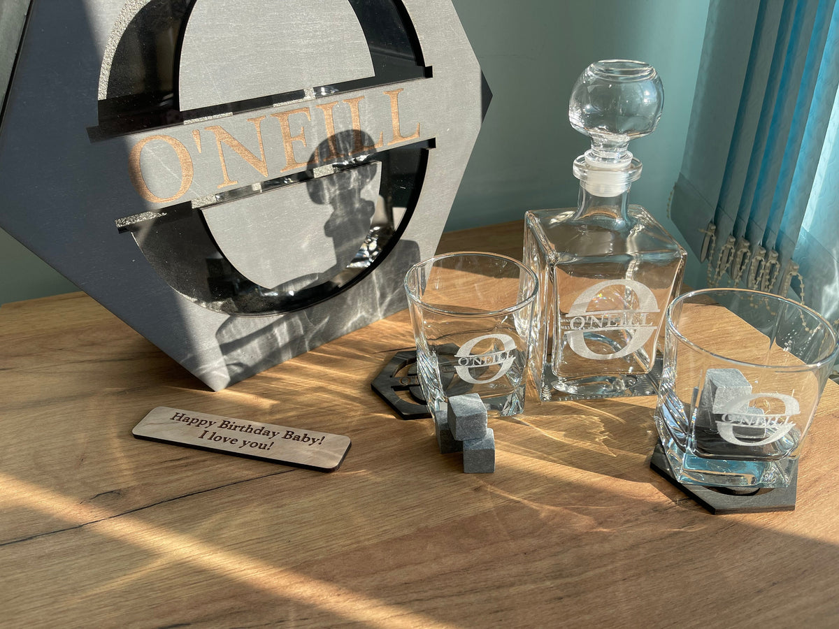 Father's Gift, Gift for Him, Whiskey Decanter Set, Whiskey Stones, Whiskey Glasses, Best Man Gift, Personalized Decanter Set, Bourbon Glass