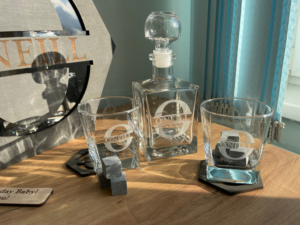 Father's Gift, Gift for Him, Whiskey Decanter Set, Whiskey Stones, Whiskey Glasses, Best Man Gift, Personalized Decanter Set, Bourbon Glass