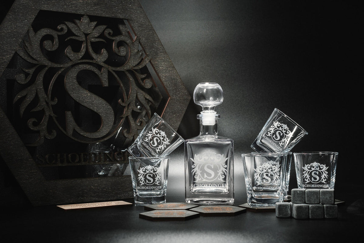 Whiskey Decanter Set, Christmas Gift, Whiskey Stones, Bourbon Decanter Set, Whiskey Glasses, Fathers Gift, Gift fo Him, Personalized Glasses