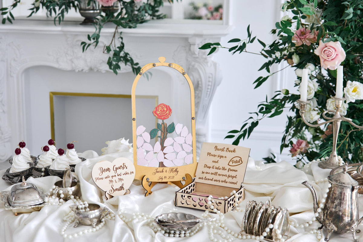 Rose Wedding Guest Book Alternative, Personalized Floral Guest Book, Glass Rose Guestbook, Wooden Wedding Sign In Book, Bridal Shower Gift