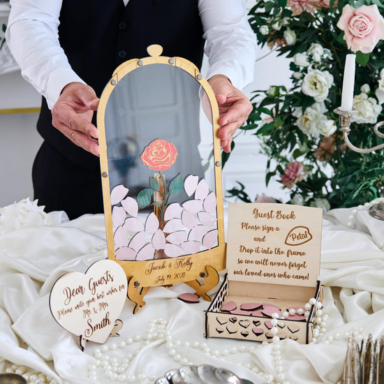 Rose Wedding Guest Book Alternative, Personalized Floral Guest Book, Glass Rose Guestbook, Wooden Wedding Sign In Book, Bridal Shower Gift
