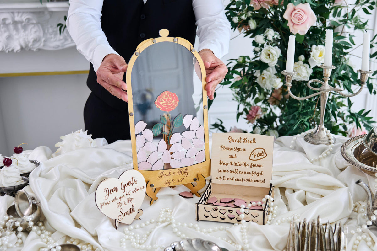 Rose Wedding Guest Book Alternative, Personalized Floral Guest Book, Glass Rose Guestbook, Wooden Wedding Sign In Book, Bridal Shower Gift