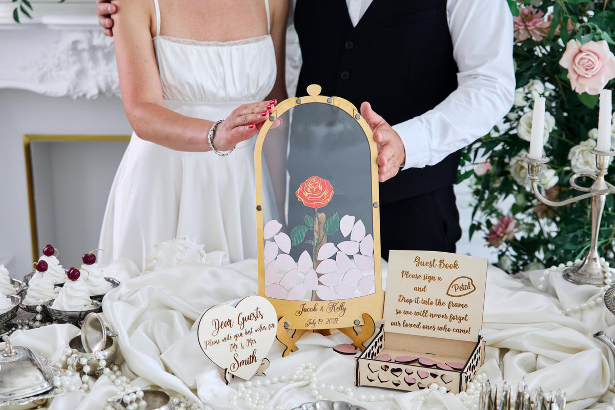 Rose Wedding Guest Book Alternative, Personalized Floral Guest Book, Glass Rose Guestbook, Wooden Wedding Sign In Book, Bridal Shower Gift