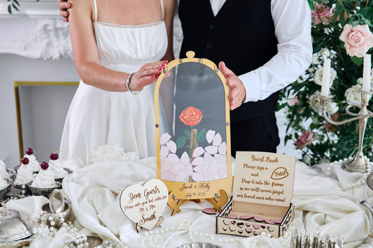 Rose Wedding Guest Book Alternative, Personalized Floral Guest Book, Glass Rose Guestbook, Wooden Wedding Sign In Book, Bridal Shower Gift