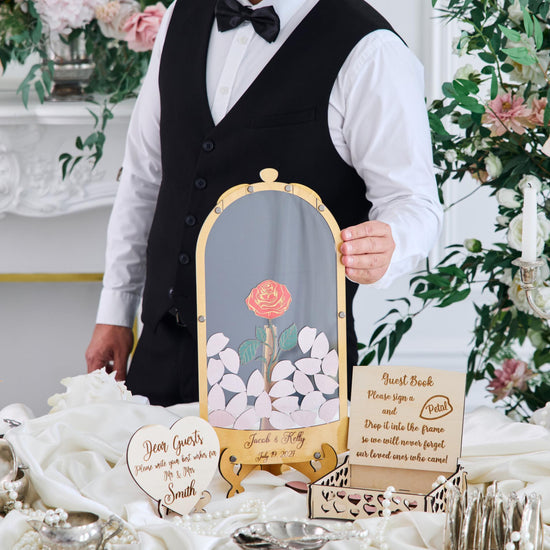 Rose Wedding Guest Book Alternative, Personalized Floral Guest Book, Glass Rose Guestbook, Wooden Wedding Sign In Book, Bridal Shower Gift