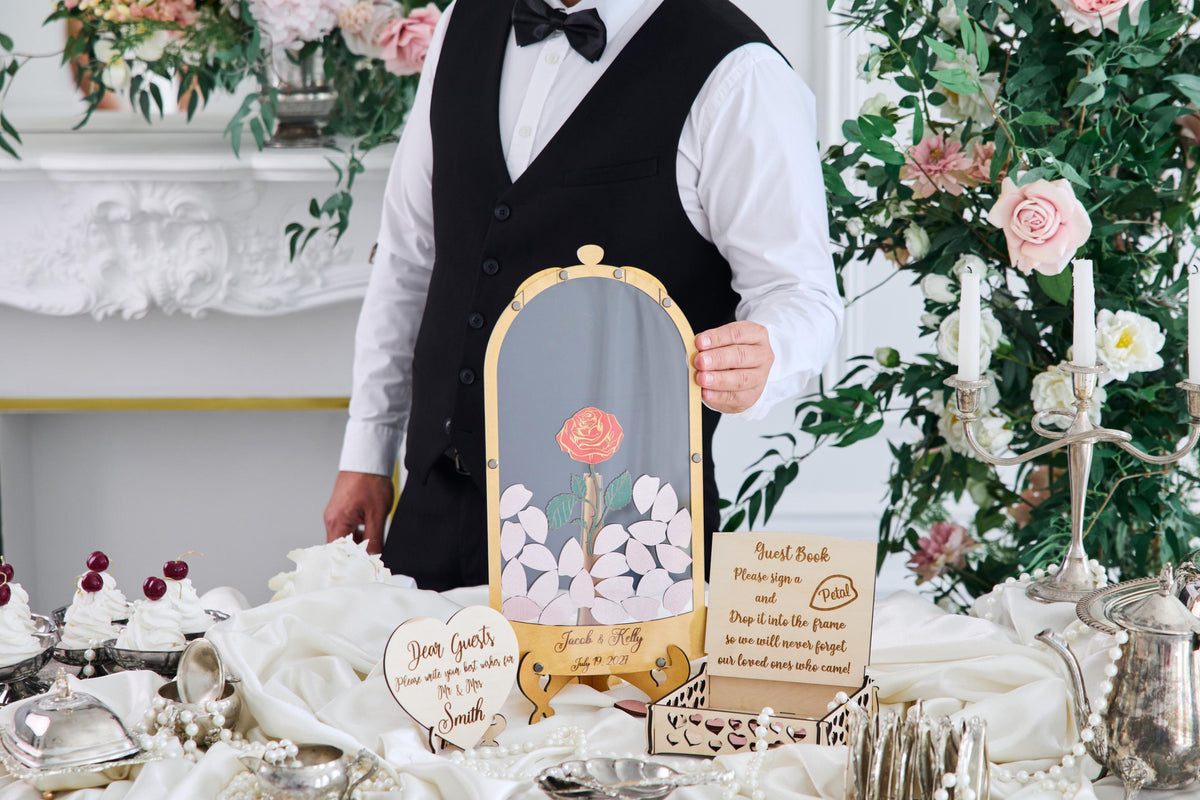 Rose Wedding Guest Book Alternative, Personalized Floral Guest Book, Glass Rose Guestbook, Wooden Wedding Sign In Book, Bridal Shower Gift