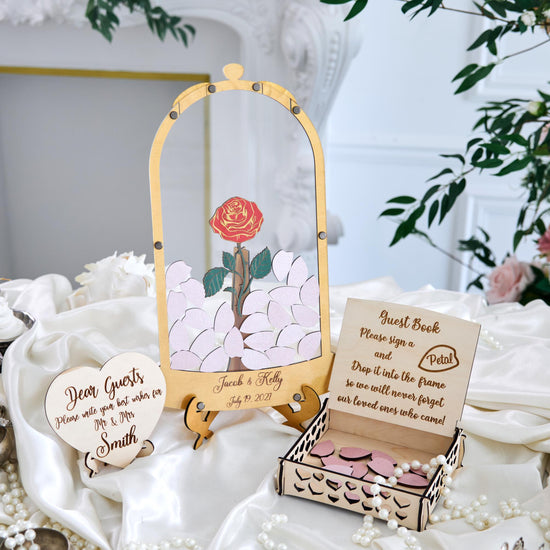 Rose Wedding Guest Book Alternative, Personalized Floral Guest Book, Glass Rose Guestbook, Wooden Wedding Sign In Book, Bridal Shower Gift
