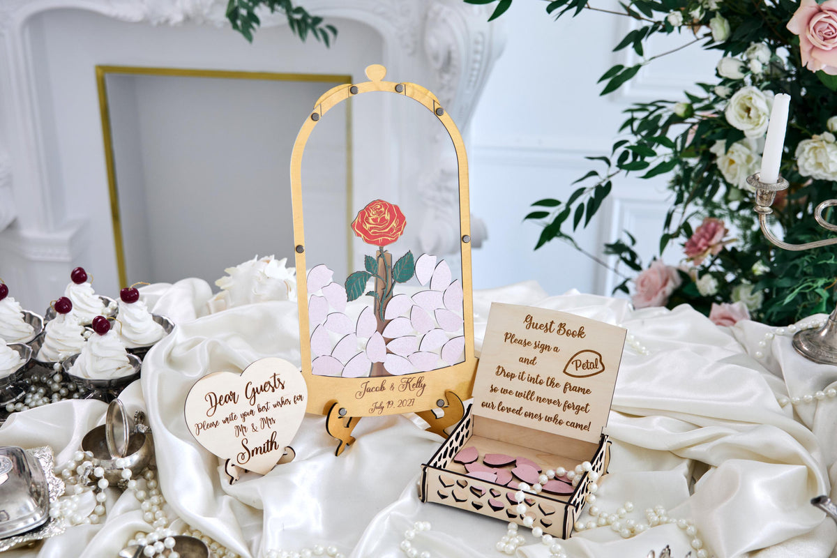 Rose Wedding Guest Book Alternative, Personalized Floral Guest Book, Glass Rose Guestbook, Wooden Wedding Sign In Book, Bridal Shower Gift
