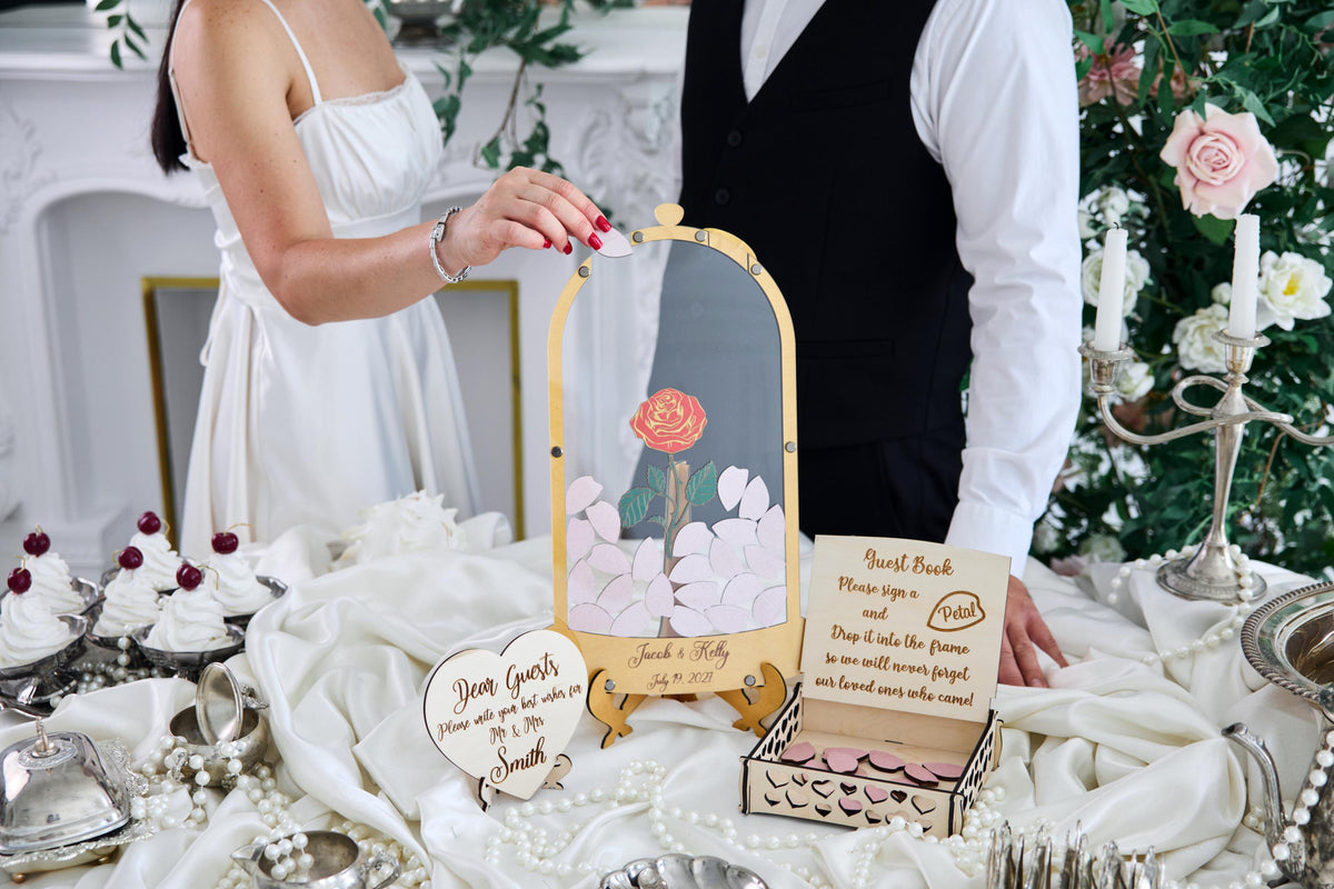 Rose Wedding Guest Book Alternative, Personalized Floral Guest Book, Glass Rose Guestbook, Wooden Wedding Sign In Book, Bridal Shower Gift