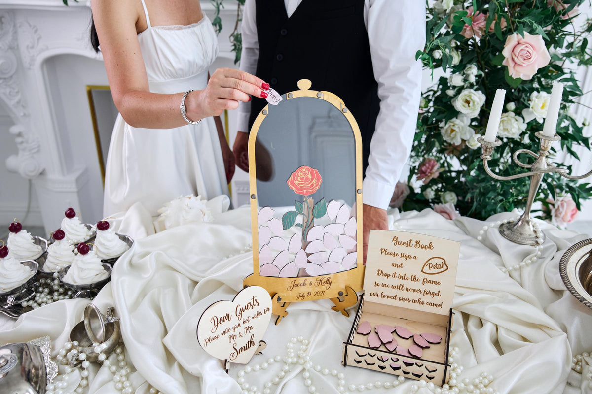 Rose Wedding Guest Book Alternative, Personalized Floral Guest Book, Glass Rose Guestbook, Wooden Wedding Sign In Book, Bridal Shower Gift