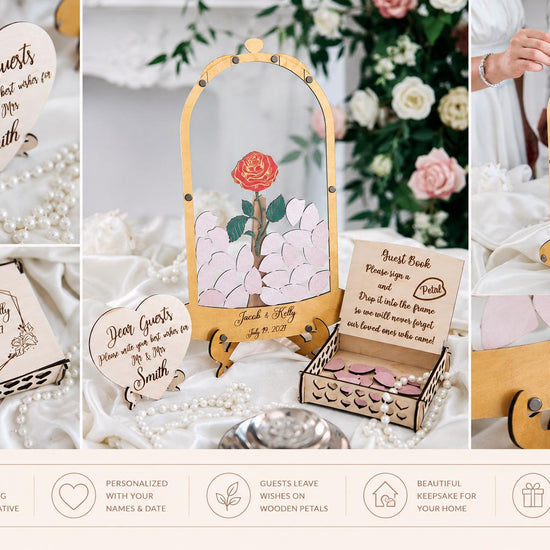 Rose Wedding Guest Book Alternative, Personalized Floral Guest Book, Glass Rose Guestbook, Wooden Wedding Sign In Book, Bridal Shower Gift