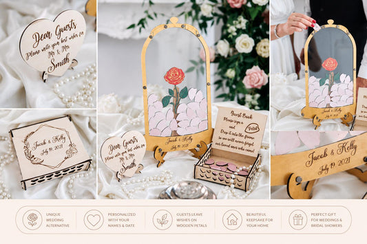 Rose Wedding Guest Book Alternative, Personalized Floral Guest Book, Glass Rose Guestbook, Wooden Wedding Sign In Book, Bridal Shower Gift