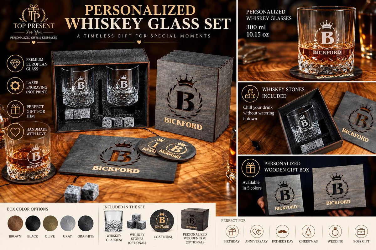 Personalized Whiskey Glass Gift Set, Engraved Whiskey Glasses, Whiskey Gift for Dad, Husband, Birthday, Anniversary, Christmas Gift