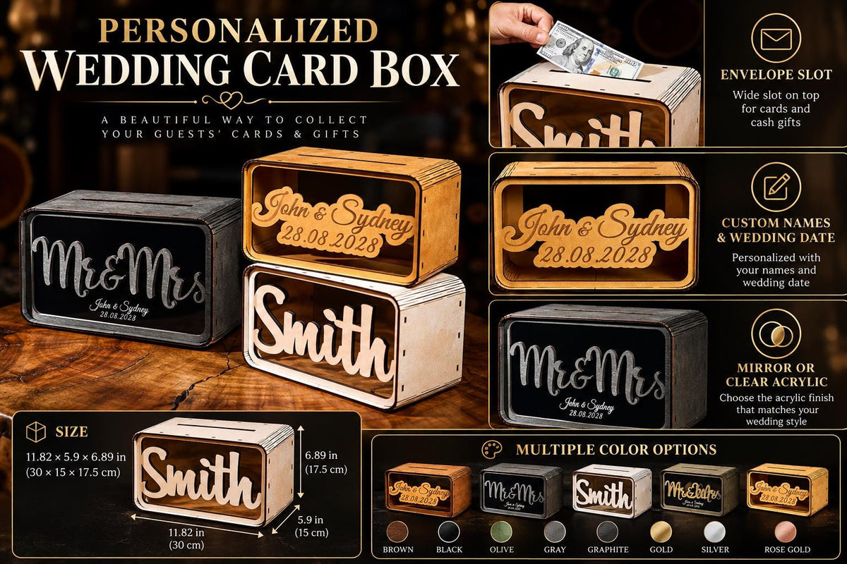 Personalized Wedding Card Box with Names and Date, Custom Wooden Money Box, Wedding Card Holder, Wedding Reception Gift Table Decor