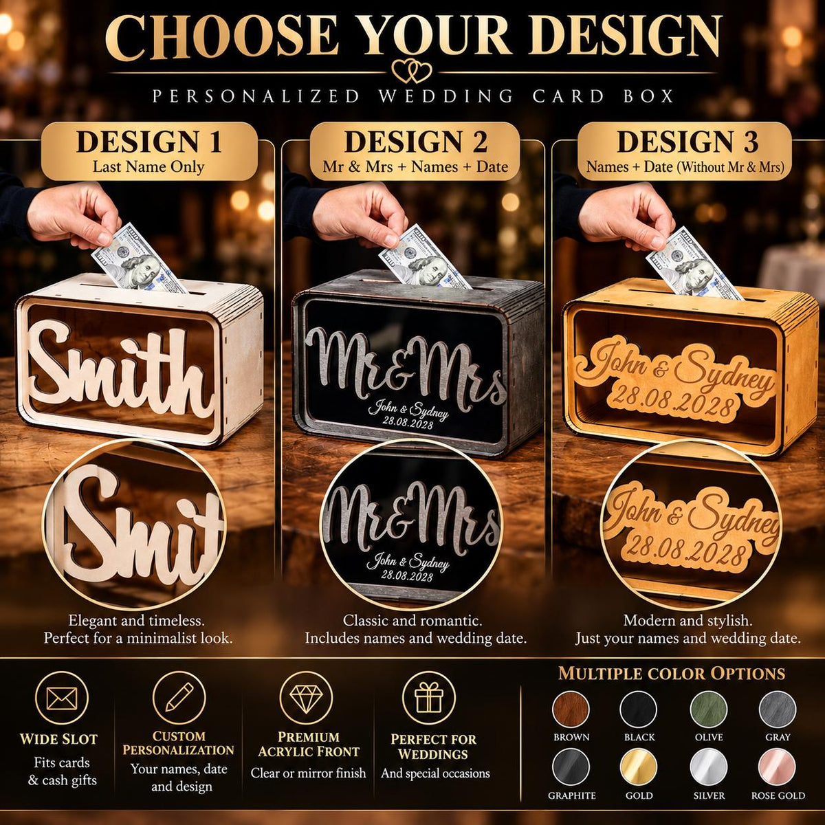 Wedding Cash Gift Box, Personalized Wooden Card Box, Elegant Wedding Money Holder, Custom Wedding Card Box, Wedding Reception Decor
