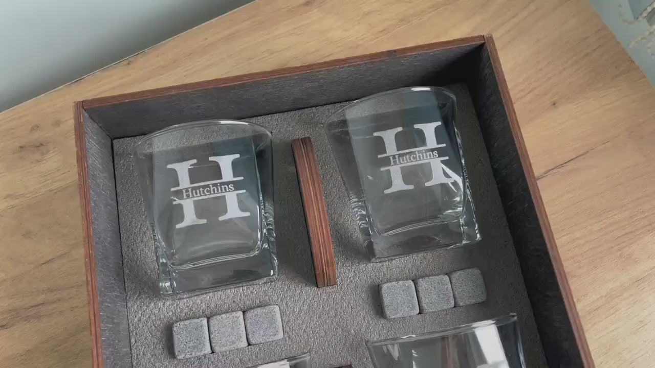 Personalized Gift for Him, Gift for Father, Big Whishey Glasses with Whiskey Stones in a Wooden Box, Best Father Gift, Whiskey Glass Set